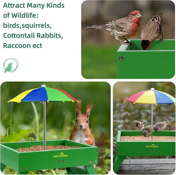MIXXIDEA Ground Bird Feeder for Outdoors Bird&Squirrel Feeder Wooden Chicken Picnic Table Platform Feeder Wild Bird Feed Crow Feeder for Outside with 5 LBS Capacity