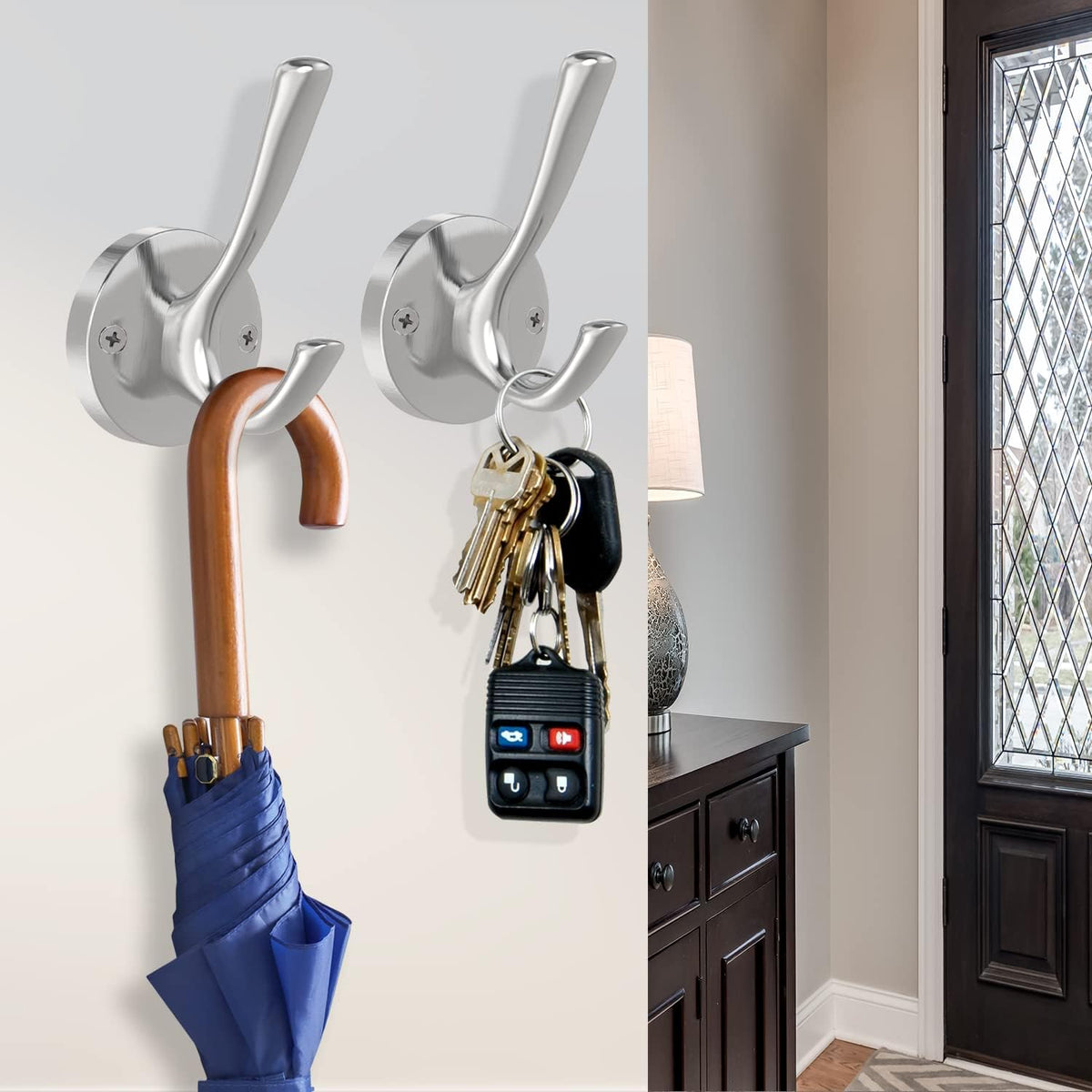 Brushed Nickel Wall Hooks, 4 Pack Heavy Duty Coat Towel Hook Metal Double Hook Wall Mounted Hanging, Bath Towel Hooks for Entryway Cubicle Bathroom Closet Garage