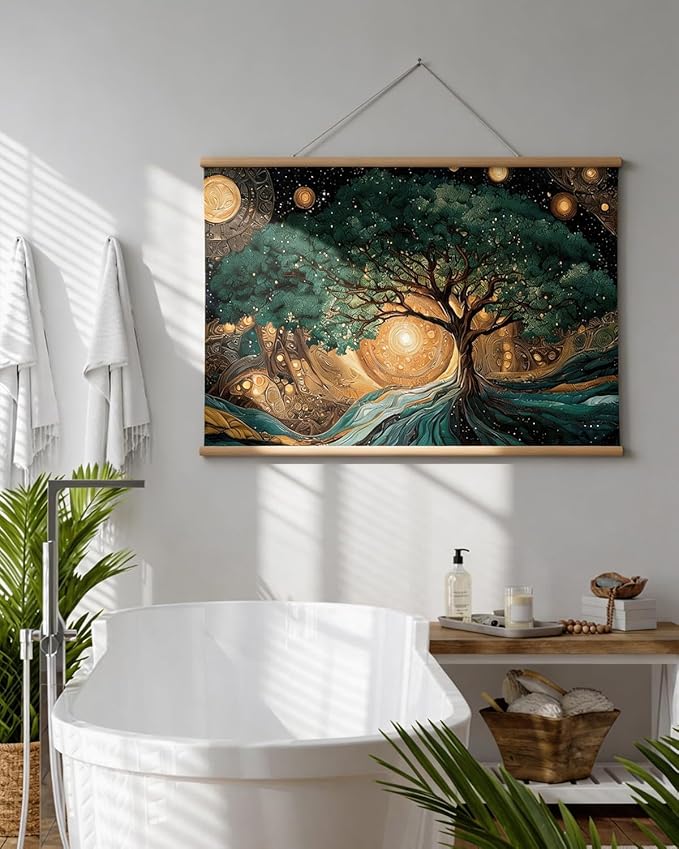 VIYYIEA Extra Large Canvas Wall Art, Tree of Life Abstract Wall Hanging with Wooden Scroll Frame, Spiritual Nature Decor for Living Room Bedroom Meditation Space, 36x54 Inch