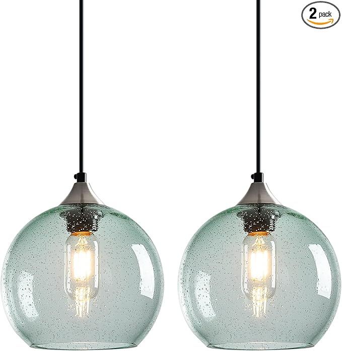 Light Green Glass Pendant Lights Kitchen Island Lighting Globe Pendant Light Fixtures Modern Pendant Lighting for Bedroom Living Dining Room Light Fixture (7.87 in, 2 Pack)