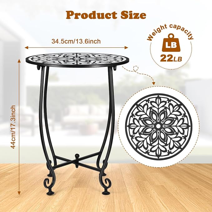 14 Inch Outdoor Metal Side Table, Patio Side Table Weather Resistant Metal Side Table, Small Round Outdoor End Table Plant Stands Table Outside for Patio Yard Balcony Garden Black (Color5-Leaf)