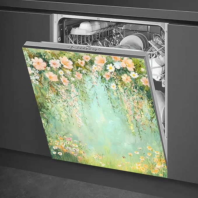 Dishwasher Magnet Cover 23x26 in Soft Peach Blossoms and Wildflowers on Aqua Canvas Magnetic Dishwasher Cover for Kitchen Appliance Decoration Front Panel Sticker Panel Home Decor