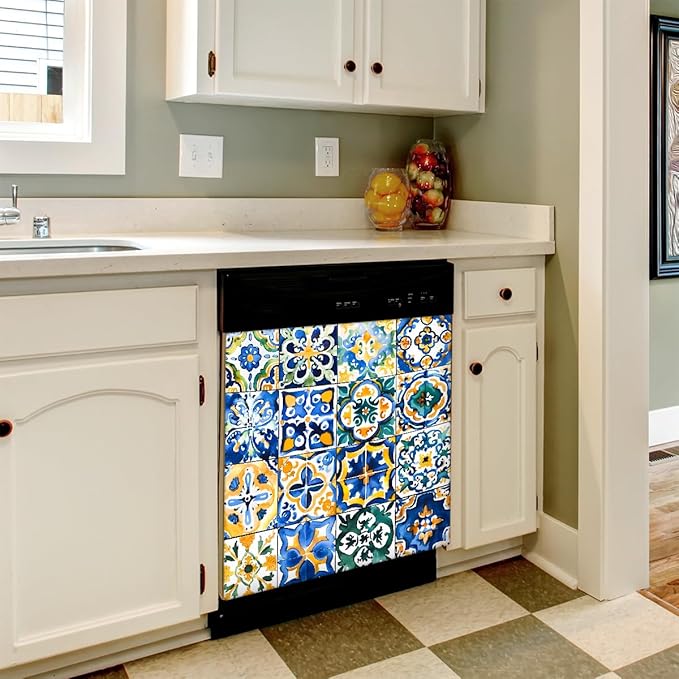 Dishwasher Magnet Cover Ethnic Mexican Tile Pattern Reusable Dishwasher Magnetic Cover Sticker Decorative Dish Washer Door Cover Panel for Home Kitcen Appliance, 21x26 in