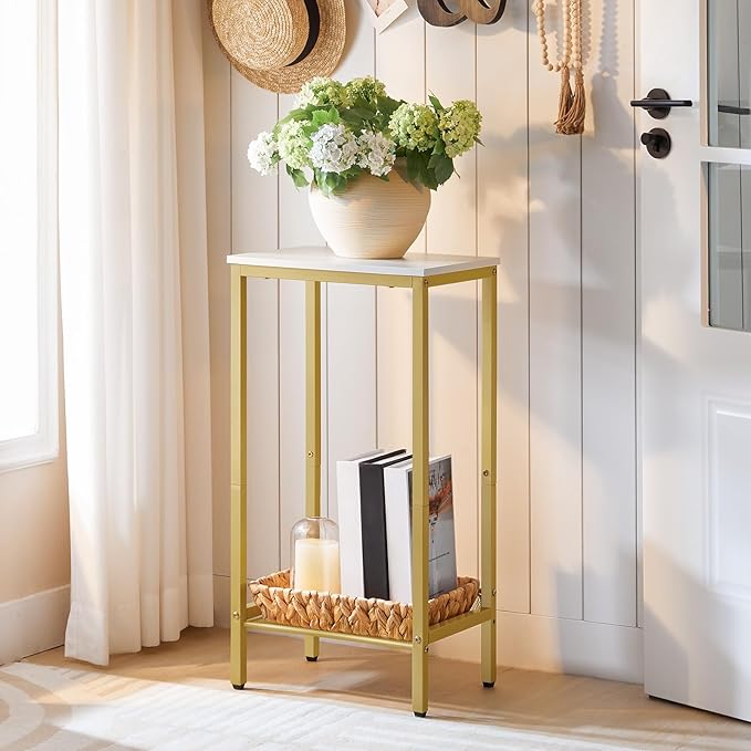 HOOBRO Tall Side Table, Industrial End Telephone Table with Adjustable Mesh Shelves, Small Tall Night Stand for Living Room, Bedroom, Entryway, Office, White and Gold DW03DH01