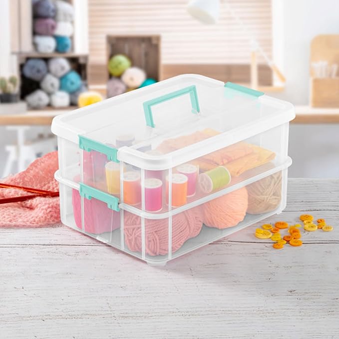 Sterilite 8-Pack Stack & Carry, 2 Layer Handle Box for Home & Office Storage - Clear Base & Lid with Color Latches, Organizer for Art & Craft Supplies, Sewing Tools or 8.5" x 11" Paper
