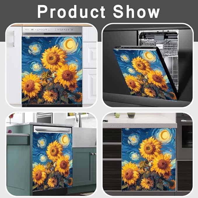 Farmhouse Sunflower Dishwasher Covers for The Front, Starry Night Style Flowers Dishwasher Sticker, Sunflower Painting Fridge Skins Cover - 23" W x 26" H Ordinary