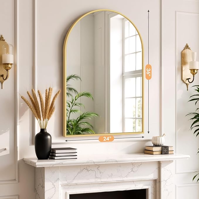 Bathroom Mirror for Wall, 36x24 Inch Arched Mirror, Matte Gold Metal Framed