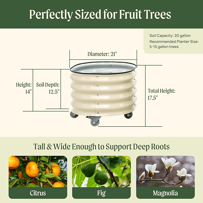 Rolling Metal Citrus Tree Planter Pot, 21″ Round Planter Box for Porch Patio & Backyard, 20 Gallon Large Planter Pot with Wheels for Growing Olive Trees Tomatoes Vegetables Flowers, 2 Pack Modern Gray