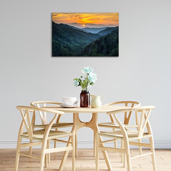 SKASNFAI Nature Landscape Canvas Wall Art Great Smoky Mountains Blue Ridge Mountains Wall Decor Forest Sunrise Pictures Framed for Living Room Bedroom (12x16 inch)