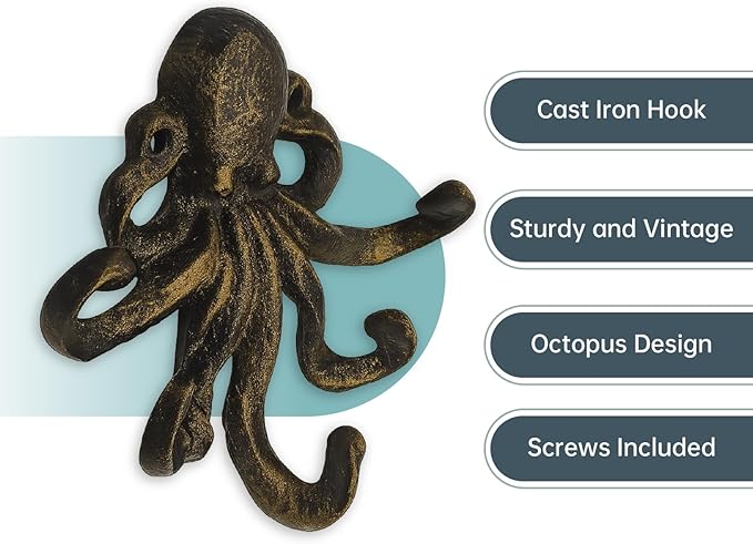 Octopus Cast Iron Wall Hook – Nautical Decorative Key Holder, Coastal Ocean