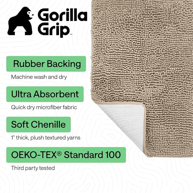 GORILLA GRIP Bath Rug Mat 54x24, Thick Absorbent Chenille, Quick Dry Microfiber Mats, Rubber Backing Washable Shower Floor Rugs, Bathmat Runner, US Designed Bathroom Home Decor Accessories Gray Beige