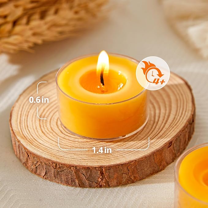 Unscented Beeswax Tea Lights Candles 20 Pack, 4 Hours Long Burning Handmade Yellow Tealight Candles, Clear Cup Smokeless Beeswax Candles for Wedding, Christmas Lights, Centerpiece & Home Decor
