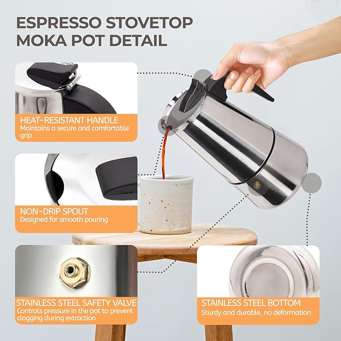 6 Cup 300ml Moka Pot Stainless Steel Espresso Coffee Maker Stovetop Percolator Coffeemaker Italian Classic Style Brewing Greca Cafe Mocha Machine for Cafeteras Lover Camping Travel and Home Use 10oz