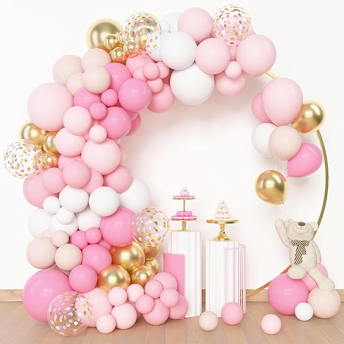 Amandir 144Pcs Pink Balloons Garland Arch Kit Light Pink Gold White Confetti Latex Metallic Balloons for Girl Birthday Baby Shower Wedding Graduation Party Decorations Supplies