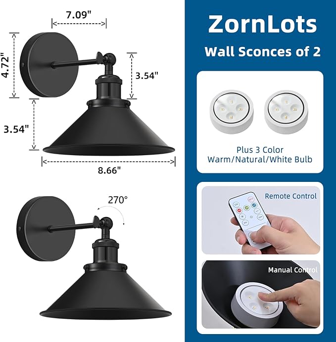 Battery Operated Wall Sconce Set of 2, Vintage Wireless Wall Sconces