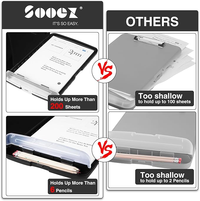 Sooez Clipboard with Storage, Clip Board 8.5 x 11 with Pen Holder, Plastic Organization Case Box for Letter Legal A4 Size Paper, Low Profile Clip, Nurses Teachers Must Haves, School & Office Supplies