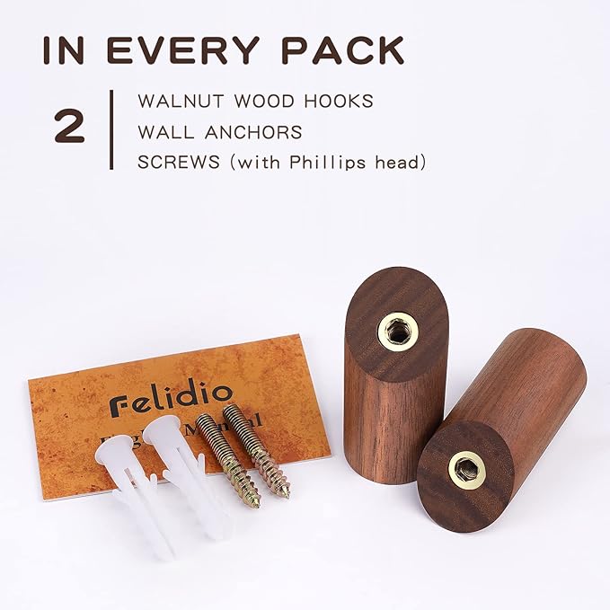 Felidio Wooden Wall Hooks, 2 Pack Coat Hooks Wall Mount, Natural Wood Hooks