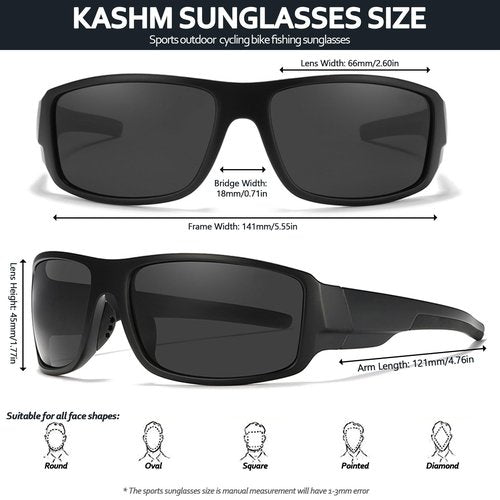 Kashm Polarized Sports Sunglasses for Men Women Unbreakable Driving Cycling Fishing Sun Glasses UV Protection Matte Black-Gray Lens
