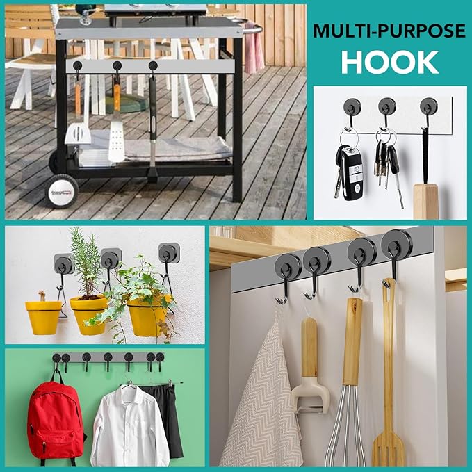 DIYMAG Black Magnetic Hooks,110LBS Strong Magnetic Hooks Heavy Duty, Strong Magnet Hooks with Metal Hanger for Hanging Refrigerator Home Kitchen Office, 4Pack