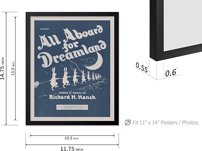 Poster Master All Aboard For Dreamland Poster - Retro Children's Lullaby Print - Story Book Art - Bunny Art - Rabbit Art - Aesthetic Art - Kid's Bedroom or Nursery Wall Decor, 11x14 Black Framed