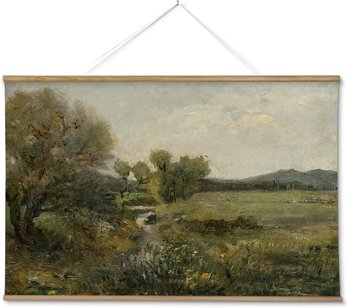 ARPEOTCY Extra Large Vintage Framed Wall Art, 36x54 Inch Creek Forest Landscape Hanging Framed Canvas Prints Scroll Wall Art Decor for Living Room Bedroom, Retro Scenery Pictures Above of Bed