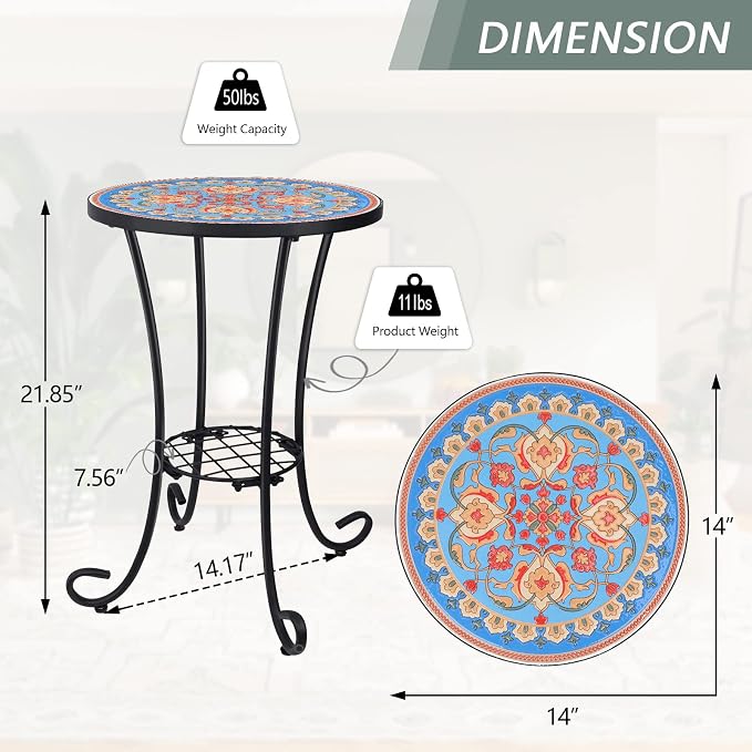 VCUTEKA Outdoor Side Table Mosaic Patio Table Accent Tables Mosaic Tile Top Metal Frame Small End Tables Porch Beach Patio Garden Balcony Blue 14''