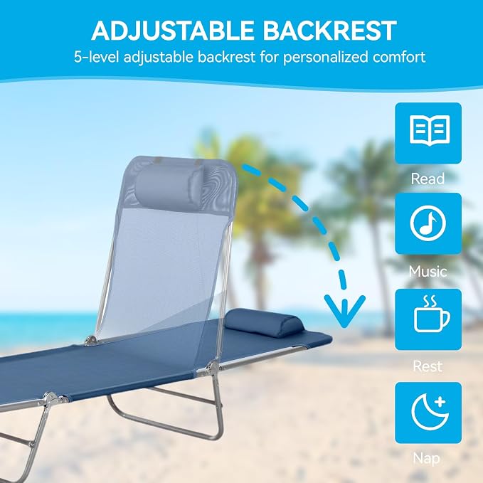 Outdoor Chaise Lounge with Detachable Pillow, Reclining Folding Chair with 5-Position Adjustable Back, Portable Tanning Chair for Beach, Pool, Lawn, Breathable Mesh Seat, No Assembly