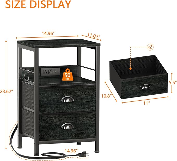 Furologee Nightstand with Charging Station, Black Night Stand with 2 Fabric Drawers, Side Table with USB Ports, End Table with Storage Shelf, for Living Room/Bedroom, Black Oak