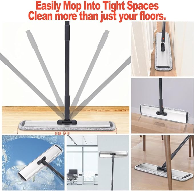 24in Flat Mop for Cleaning Floors, Heavy-Duty Microfiber Wet Mop with Easy Wringing & Deep Cleaning, Includes 4 Reusable Mop Cloths and Adjustable Long Handle