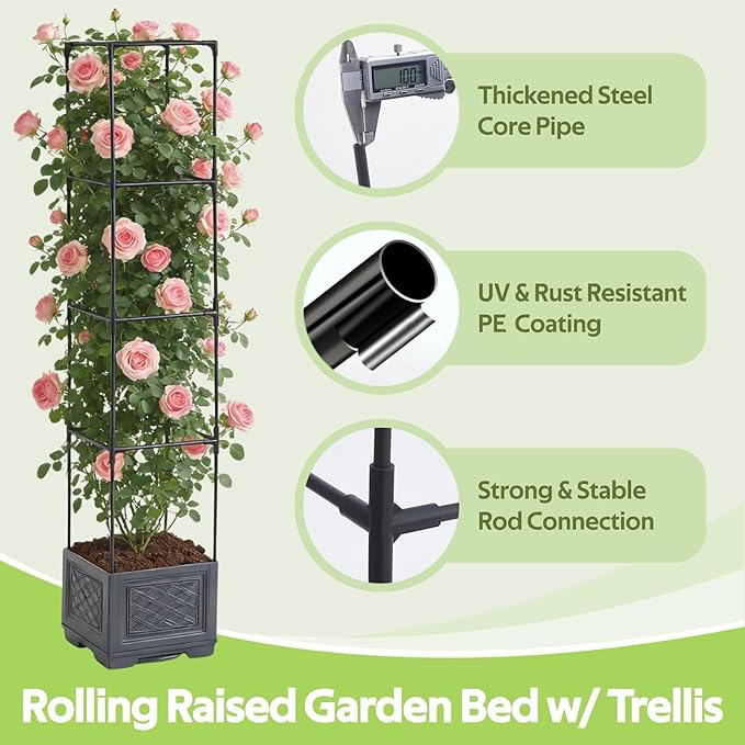 Tomato Planter Box with Trellis - Self-Watering Rolling Raised Garden Bed with Tomato Cages for Climbing Plants - Tomato Pots with Cage Plant Support for Flower Vegetable Vine Indoor Outdoor