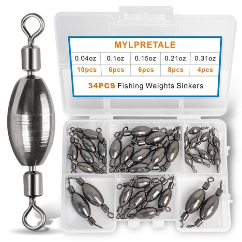 MYLPRETALE 34Pcs Fishing Weights Swivel Brass Sinkers Fishing Weight, Bullet Sinker Weight Kit Tackle, Rolling Swivel Saltwater Freshwater Drop Shot Weights