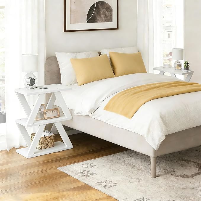 3 Tier Side Table with Side Guard Rails & Anti-Slip Pads, Narrow End Table for Small Spaces, Slim Nightstand with Storage Shelves for Bedroom, Living Room, White