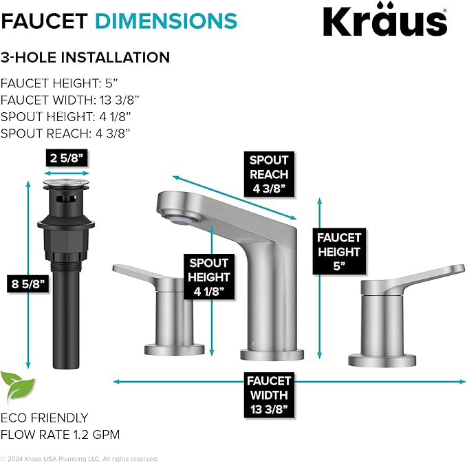 KRAUS Indy Widespread Bathroom Faucet in Spot-Free Brushed Nickel with 2 Handles, Pop Up Drain and Supply Lines, FUS-14103SFBN