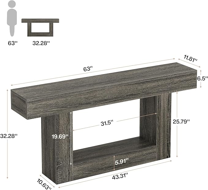 Tribesigns 63" Console Table, Farmhouse 2-Tier Entryway Table with U-Shaped Base, Narrow Long Wood Sofa Table Behind Couch Table for Living Room, Hallway, Foyer, Gray