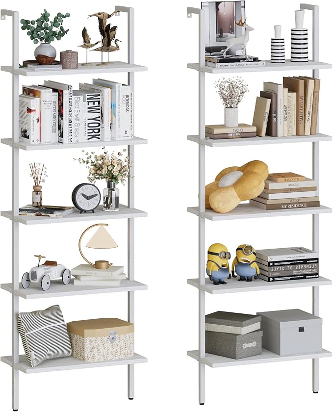 aboxoo Ladder Shelf 2 PCS White Bookshelf 5-Tier Wooden Open Shelf Wall-Mounted
