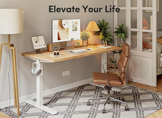FEZIBO Standing Desk, 55 × 24 Inches Electric Height Adjustable, Sit and Stand Up, Computer Office Desk with Splice Board, Light Rustic