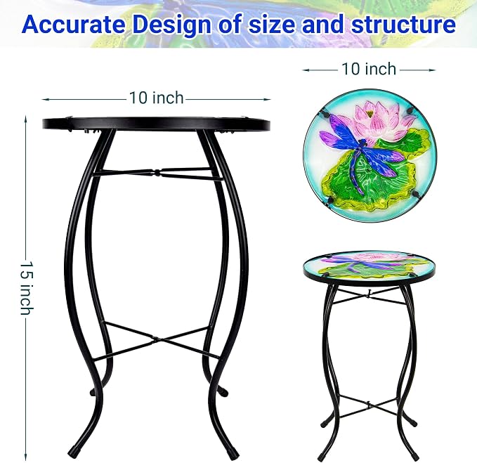 Lotus-Leaf Dragonfly Small Patio Table,Outdoor Side Bar Table, 10 Inch Metal Glass End Table for Porch Garden Yard Pool Living Room Mother's Day Decor, Mother's Day Decoration Gift
