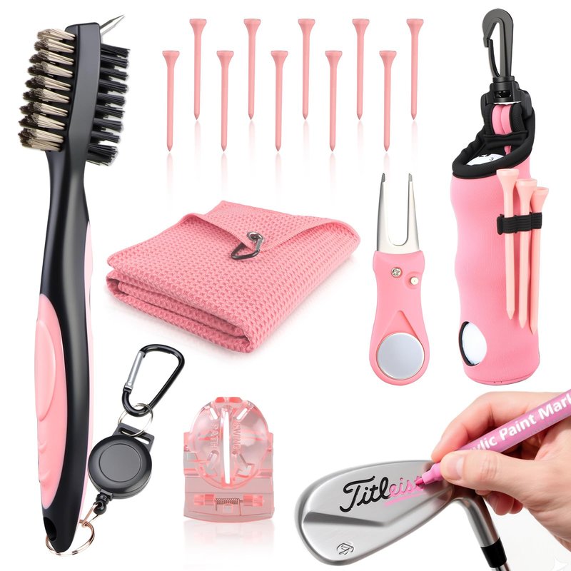 Pink Golf Accessories for Women, Acrylic Paint Ink 16 Pcs Golf Essentials Kit - Golf Club Brush & Golf Towel, Tee & Ball Holder for Bag, Divot Tool & Ball Maker, Golf Club Cleaning Kit - Golf Gifts