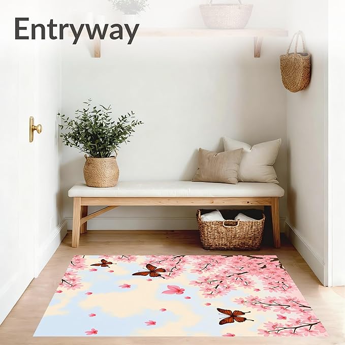 Flatwoven High Traffic Area Rug 5x7, Exquisite Springtime Blossom Shower Curtain Matching Suite, Non Slip, Stain Resistant, Washable Area Rugs for Living Room, Bedroom (Pink, 5x7)