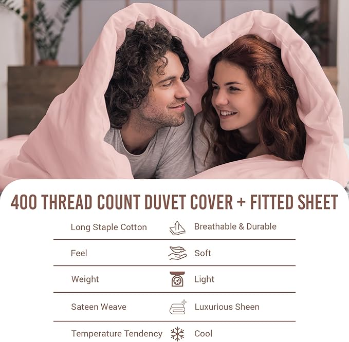 Pizuna 100% Cotton Full 3 Pc Duvet Cover + 1 Pc Fitted Sheet Set 400 Thread Count Light Pink Sateen Weave Luxurious Long Staple Cotton 4 Piece Bedding Set-1 Duvet Cover, 2 Pillow Shams, 1 Fitted Sheet