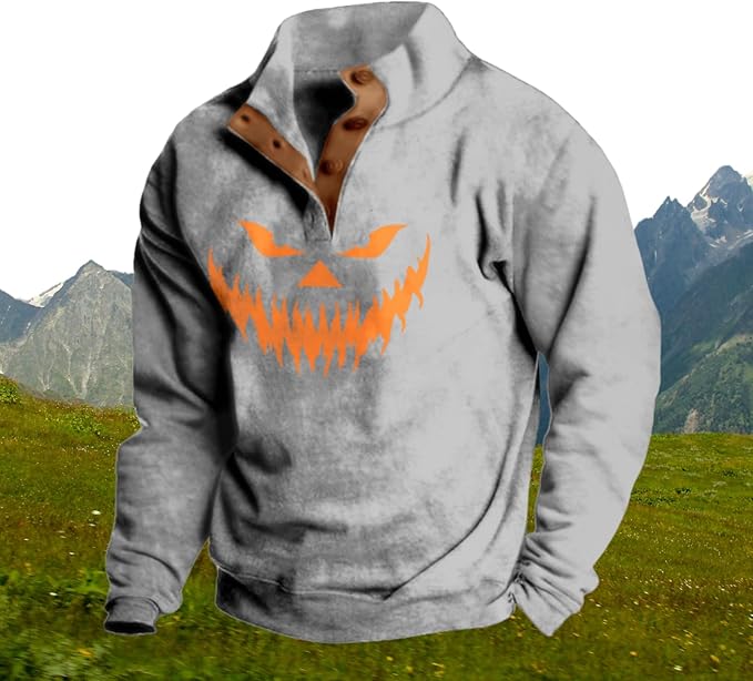 Mens Western Halloween Hoodie Button Up Henley Shirt Cowboys Sweatshirt Men Graphic Long Sleeve Pullover Tops