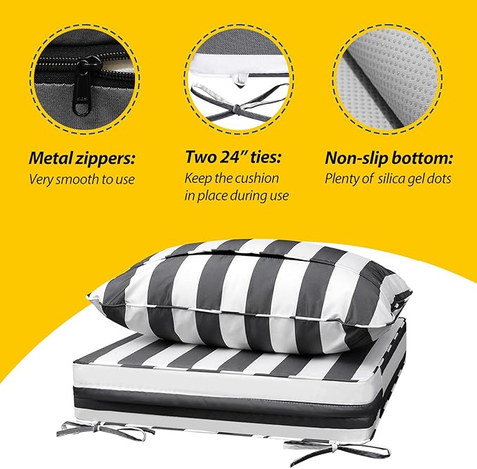 AAAAAcessories Outdoor Seat Cushions for Chairs, Fade-Resistant, Waterproof Patio Furniture Replacement Cushions, 21" x 21" x 3" + 21" x 17", Gray Cabana Stripe