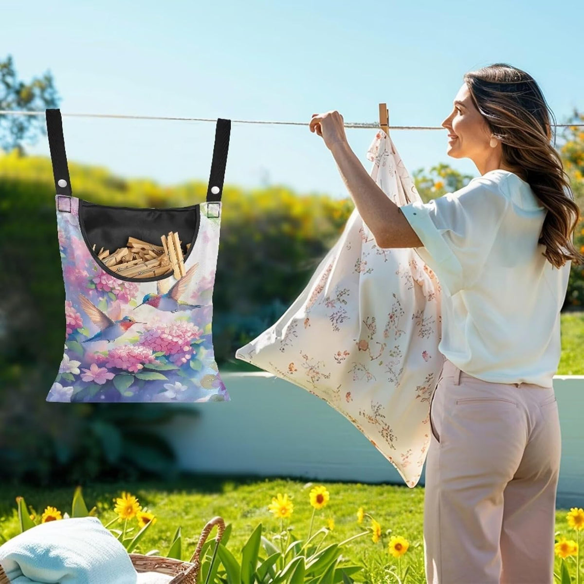 Hummingbird and Flower Clothes Pin Hanging Bag with Hanging Rope for Clothes Pins and Clothespins - Heavy Duty Outdoor Use 14.5 X 12 Inch Clothespin Bag