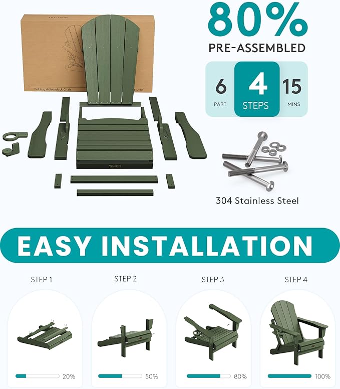 SERWALL Folding Adirondack Chair for Patio Garden, All-Weather Outdoors Chairs with Cup Holder, Wooden Textured Fire Pit Chairs for Poolside, Backyard, Lawn - Army