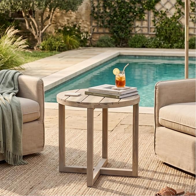 Christopher Knight Home Jara Outdoor Round Side Table, Slat Panel Small Coffee Table, Acacia Wood Side Desk for Backyard Balcony Garden, Weather Resistant Patio End Table, Light White