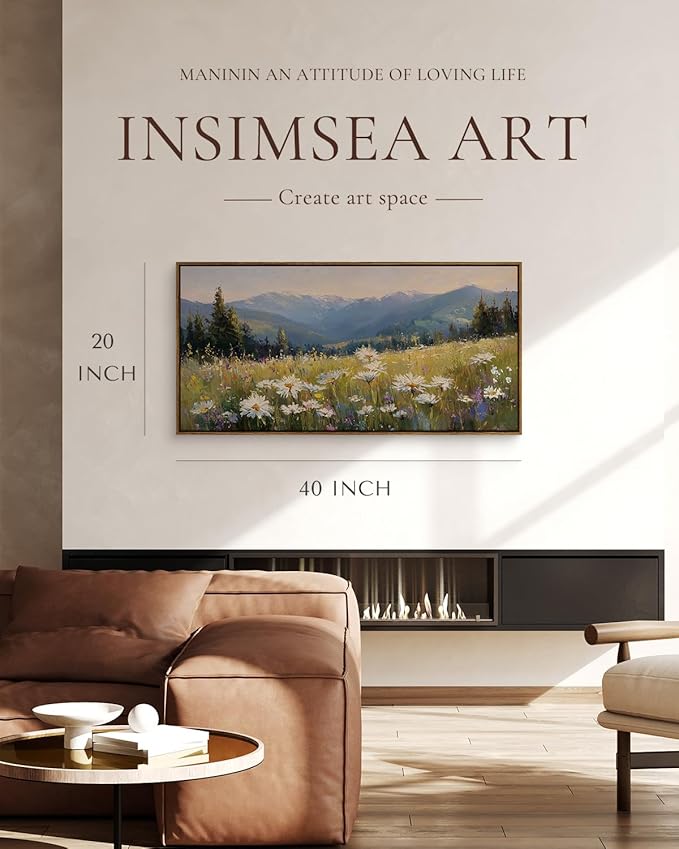 InSimSea Extra Large Framed Vintage Wall Art, Living Room Country Farmhouse Decor, Alpine Meadow Wildflowers Landscape Canvas Prints, Scenery Long Picture for Bedroom Above of Bed,20x40inch