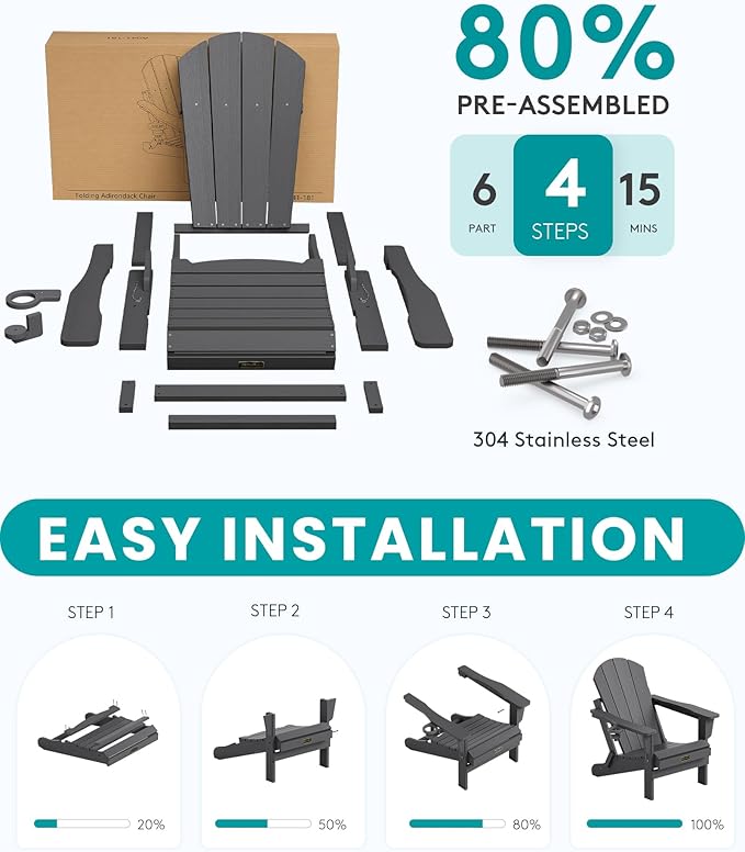 SERWALL Folding Adirondack Chair with Cup Holder Set of 2, All Weather Adirondack Chairs, Fire Pit Chairs for Patio Garden Outdoors Fire Pit - Gray