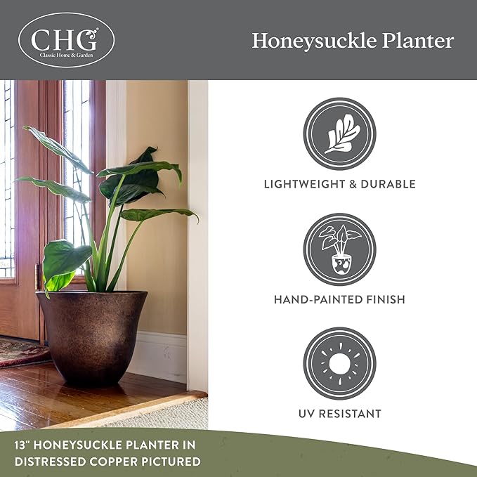 Classic Home and Garden by Growscape Honeysuckle Resin Planters - Lightweight Indoor & Outdoor Plant Pots - UV-Resistant Plastic Flower Pots - Pot Planters for Flowers & Herbs (15" Grained Beige)