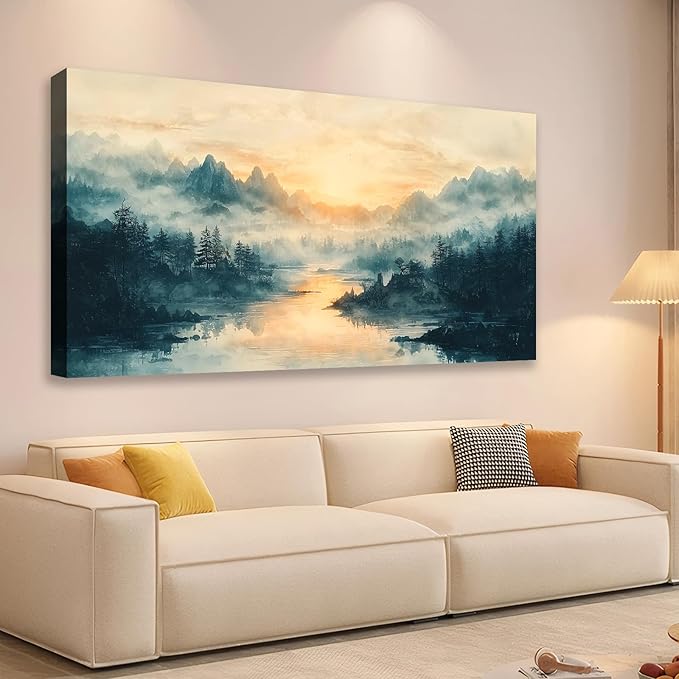 JLXART Landscape Canvas Wall Art Beautiful Lake Mountain Nature Scenic Picture Print Sunrise for Living Room Forest National Park Scenery Artwork Painting Decor,Inner Frame 24x48inch