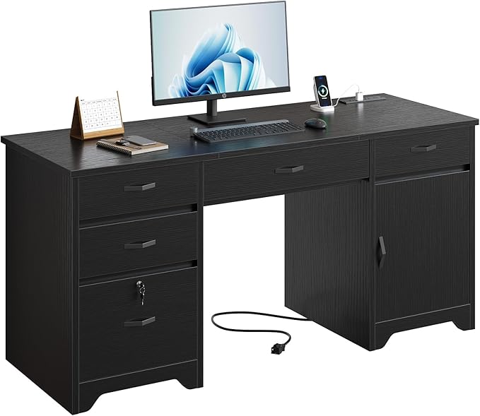 Bestier 59” Office Desk with Lockable Drawers, Modern Computer Desk with File Drawer, Charging Station & Drop-Front Keyboard Drawer, Executive Desk with Storage Cabinet for Home Office & Studio, Black
